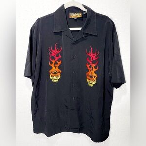 Vintage Dragonfly Motorcycle Biker Black Flaming Skull Bowling Shirt 90s Tiki